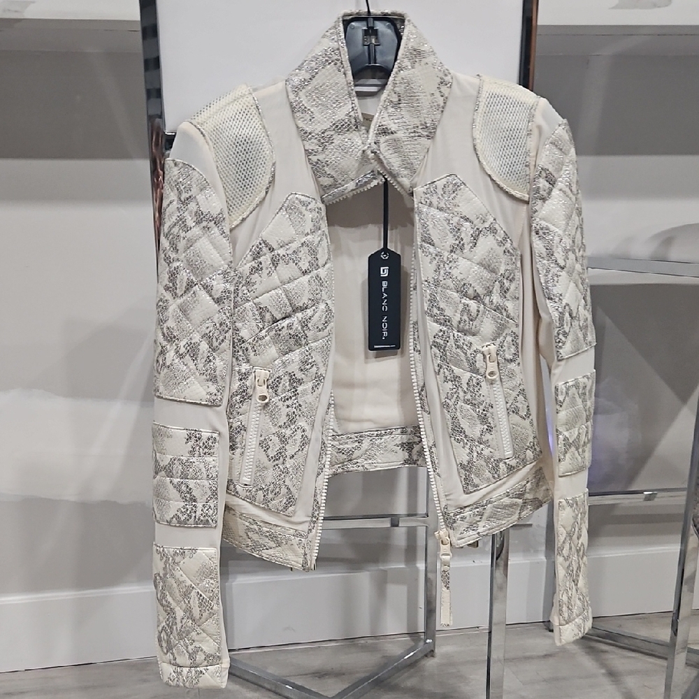Blanc Noir Cream Snake Print Leather Jacket